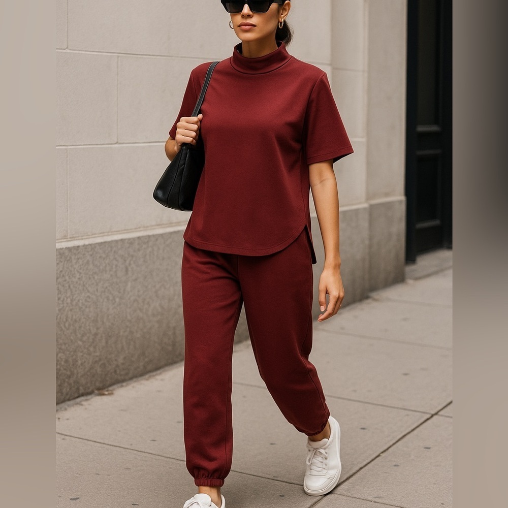Zara Two Piece Set Burgundy Matching Top & Jogger Pants Size Small Loungewear